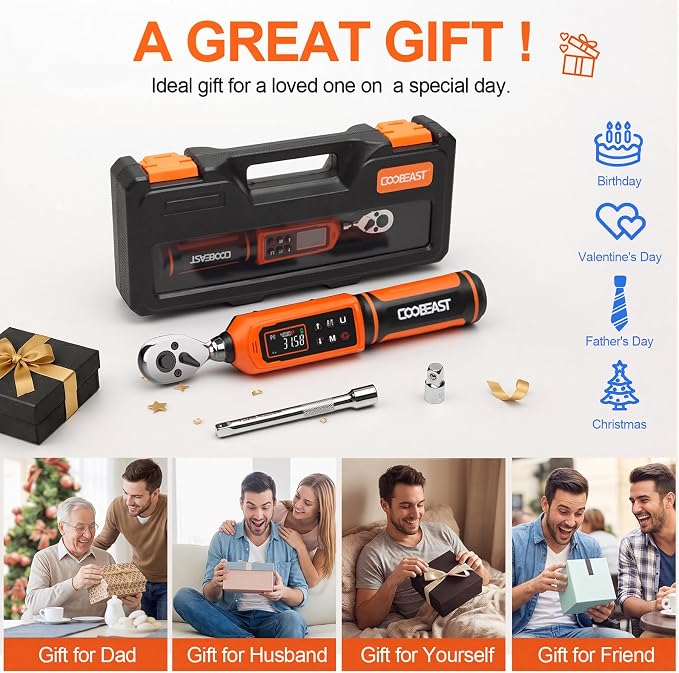 3/8 Drive Digital Torque Wrench,Preset Value(0.66-44.29 Ft-lbs./0.9-60Nm) | Buzzer and LED Alert,±2% High Accuracy,72-Tooth, Quick Release,Reversible,Large Screen,for Bike Motorcycle,Gift for Men,DIY