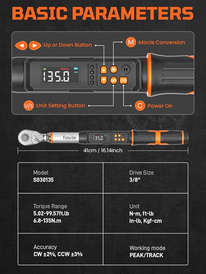 3/8" Drive Digital Torque Wrench, 5.02-99.57 Ft.lb/6.8-135 Nm, Inch Pound Torque Wrench Electronic with Buzzer & Colorful LED Indicator, Torque Wrench Set for Cars Automotive Motorcycle