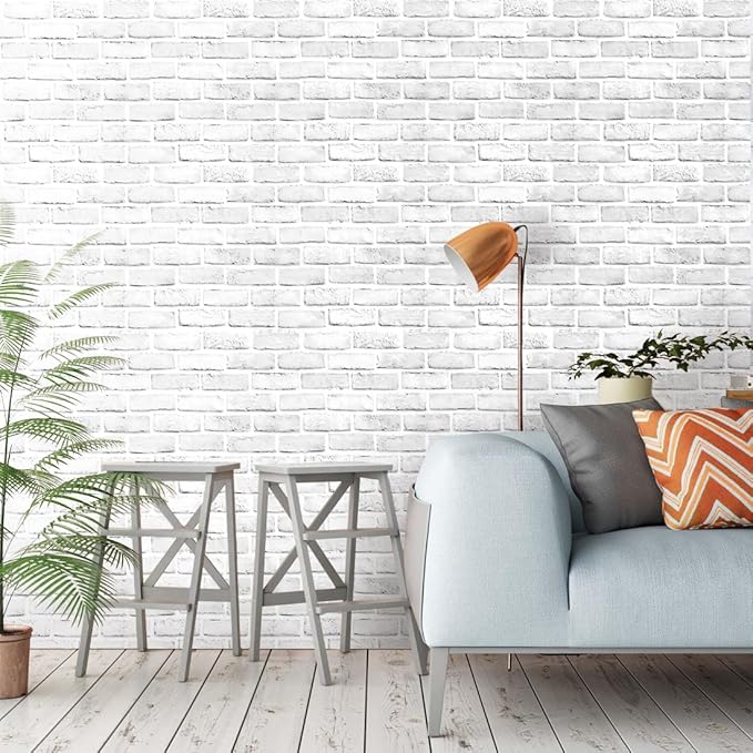 Hopeak White Brick Wallpaper, Self-Adhesive Peel and Stick Wallpaper Waterproof and Removable Good for Home Decoration and Furniture Renovation (17.5 x 787.4 Inch)