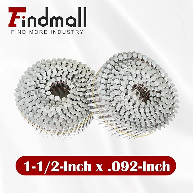 findmall 1-1/2 Inch 3600 Count Siding Nails 15-Degree Wire Collated Coil Full Round Head Hot-Dipped Galvanized Siding Nails