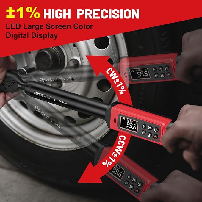 1/2-Inch Drive Digital Torque Wrench, 3.8-250.8Ft.Lb, for Lug Nuts | Electronic Torque Wrench, 5.1-340Nm, ±1% Accuracy, Vibration/Buzzer/LED, 9 Presets & 5 Units, for Suspension & Truck Repair