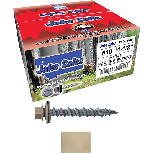 10 x 1-1/2" Surrey Beige Metal Roofing Screws - Hex Washer Head- Self-Starting/Tapping - EPDM Washer. 8 X 250 Bags - 2,000 Screws