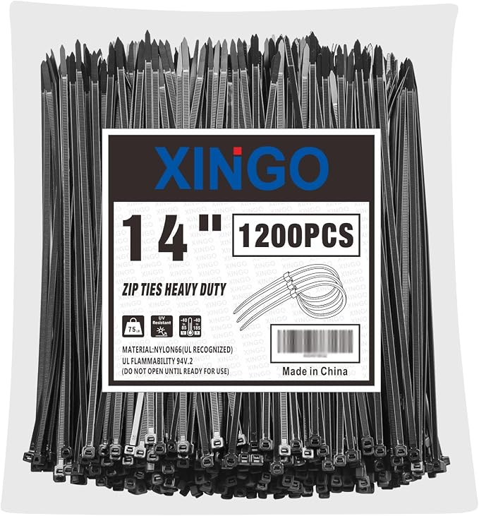 XINGO 14 Inch Black Zip Ties 1200 PCS, 75 LBS Tensile Strength, UV Resistant Cable Ties, Self-locking Plastic Ties for Indoor and Outdoor Use