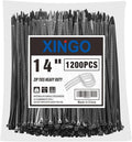 XINGO 14 Inch Black Zip Ties 1200 PCS, 75 LBS Tensile Strength, UV Resistant Cable Ties, Self-locking Plastic Ties for Indoor and Outdoor Use
