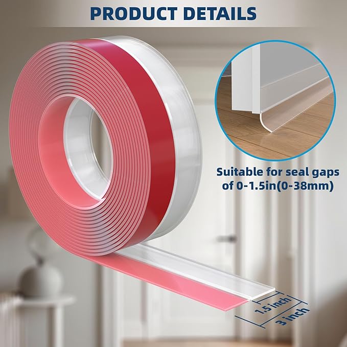 Elvone Heavy-Duty 36 ft x 3 in Weather Stripping, Extra Thick 2mm Door Draft Stopper Silicone Seal Strip for House and Glass Shower Doors for Collision and Side Gaps of Door and Windows, Clear