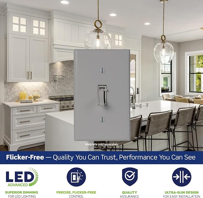 Leviton Toggle Slide LED Advanced Dimmer Switch for 150W Dimmable LED, Halogen and Incandescent Bulbs and Fixtures, TSL01-10G, Gray