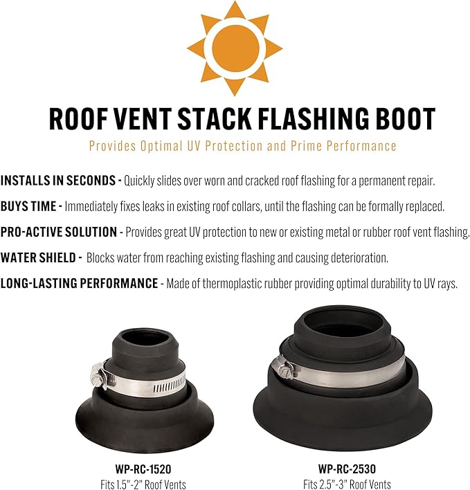 Roof Collar Repair Boot 2-Pack for 1.5–2 in Vent Pipes + Silicone Sealant — Flexible Thermoplastic Rubber Roof Vent Flashing Collar Repair — Quick Leak Fix Over Existing Roof Boot (Made in USA)
