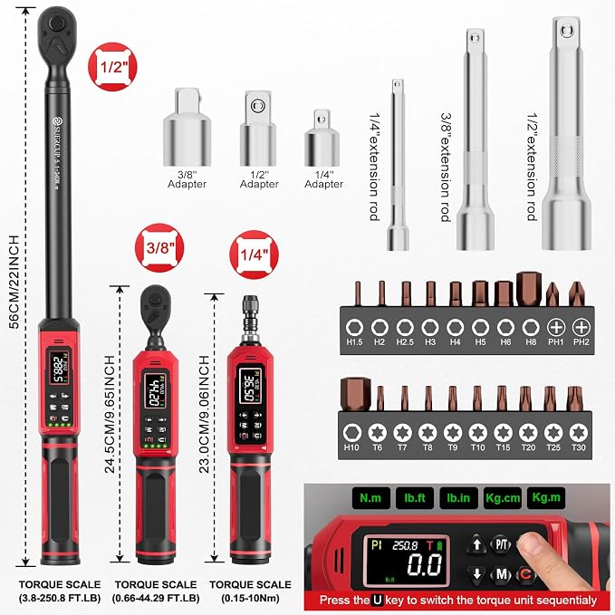 1/4"&3/8"&1/2" Digital Torque Wrench Set, ±1% accuracy | 0.15-10Nm&0.66-44.29Ft.Lb/0.9-60N.m&3.8-250.8Ft.Lb/5.1-340Nm, 9 presets, 5 units, for Truck, Auto, Moto, Bike, Electronics