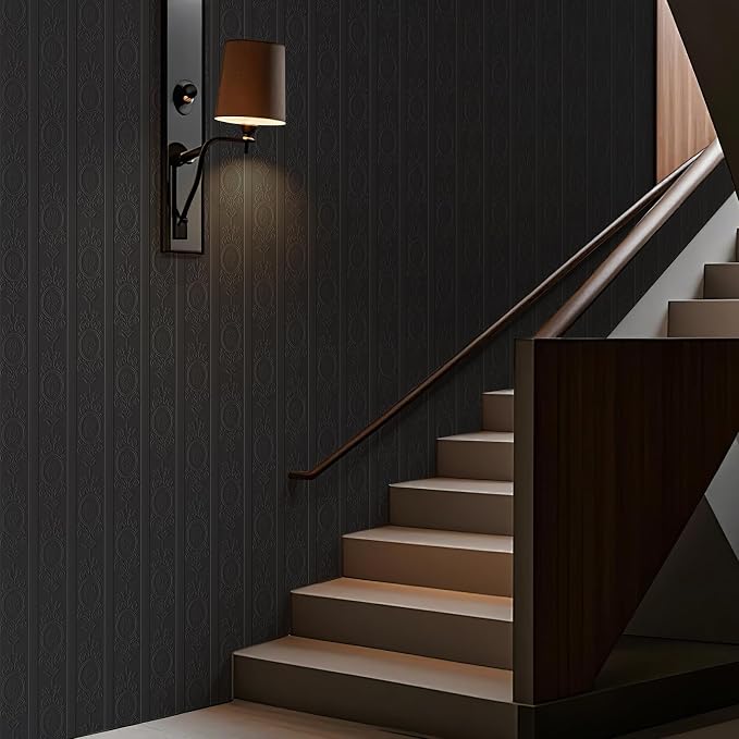 Black 3D Embossed Textured Peel Stick Wallpaper 17.3"x1200" | Removable Renter Friendly Contact Paper, Waterproof Self Adhesive Wallpaper for Bedroom, Bathroom, Decor,144 sq.