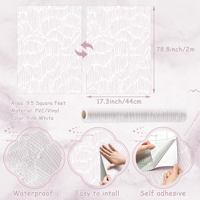 Theper Pink Contact Paper Striped Peel and Stick Wallpaper Boho 17.3"×78.8" | Simple Modern Removable Self Adhesive Wallpaper for Bedroom Cabinets Waterproof White and Pink Wall Paper Vinyl Roll