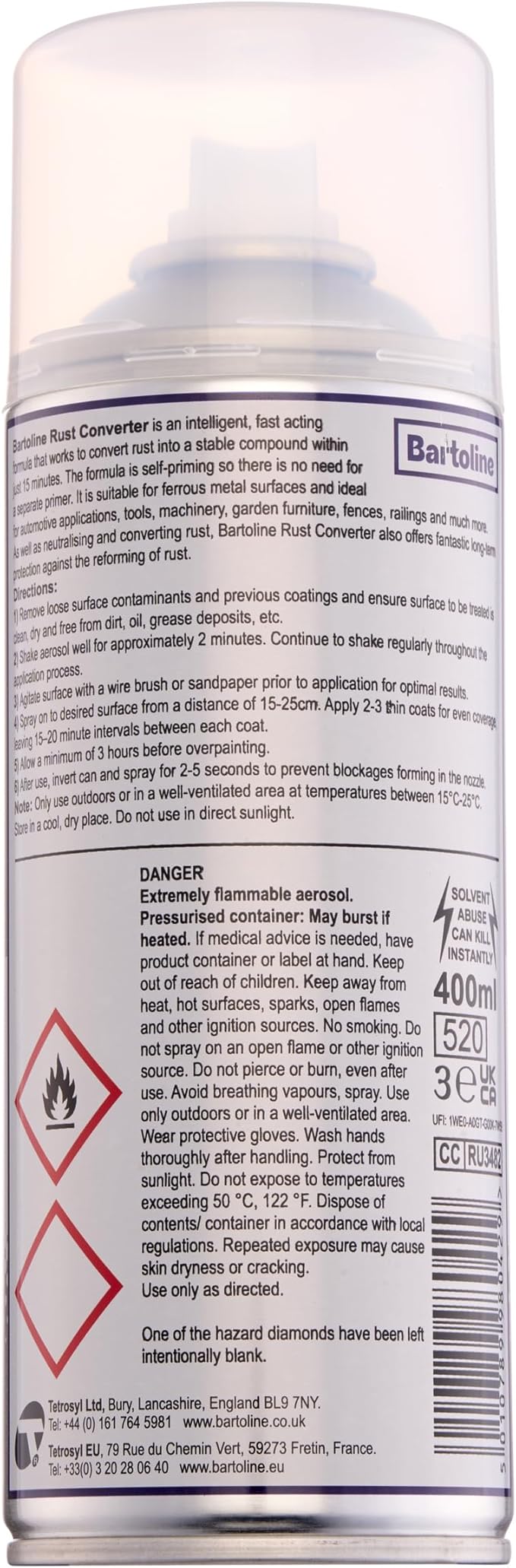 Bartoline Rust Converter Spray, 13.5 oz - Rapid-Acting Rust Neutralizer for Ferrous Metals Self-Priming Spray for Automotive Parts, Tools & Garden Furniture - 400 ml