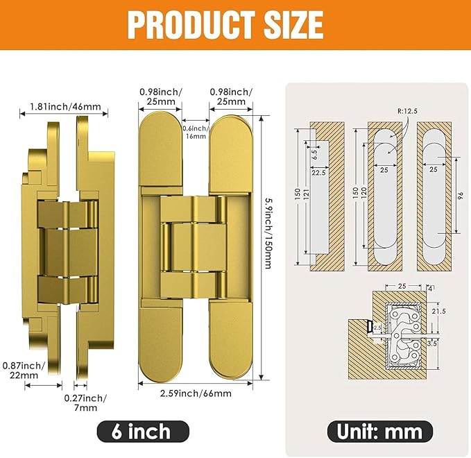 6" Hidden Door Hinge/Concealed Hinges,Invisible Hinges,Invisible Door Silent 180 Degree Swing Hinge 3-Way Adjustable Butt 6 x 2.5 x 1inch (Golden, 6 inches)