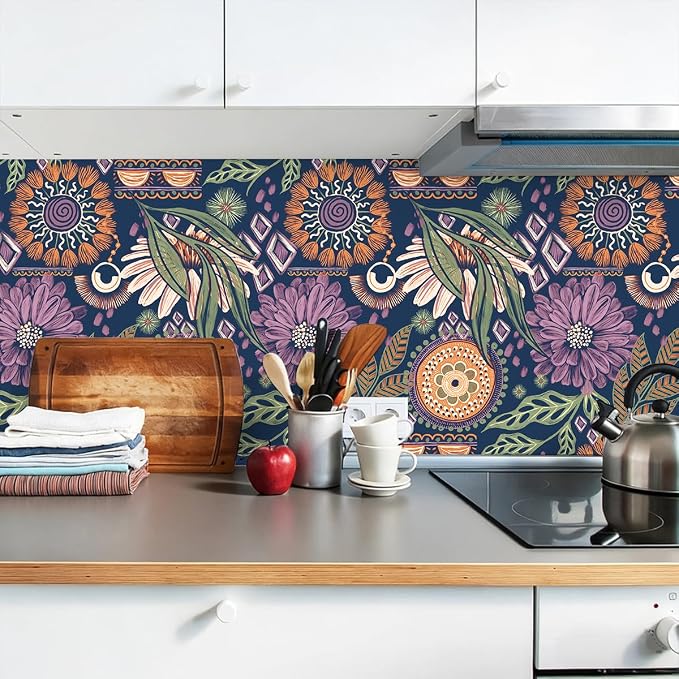 HAOKHOME Renter Friendly Peel and Stick Wallpaper Purple 17.3in x 32.8ft | Removable Self Adhesive Vinyl Navy Terracotta Boho Retro Floral Moody Textured Wall Paper for Bedroom Bathroom Accent Decor