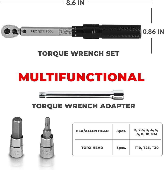 PRO BIKE TOOL 1/4 Inch Drive Click Torque Wrench Set - Precise 2 to 20 Nm Bike Tool Kit for Road and Mountain Bikes - Includes 1/4 Torque Wrench, Allen, Torx Bits, Extension Bar and Storage Box | 20-150 in-lb, Allen & Torx Bits, Extension Bar, Protecti...