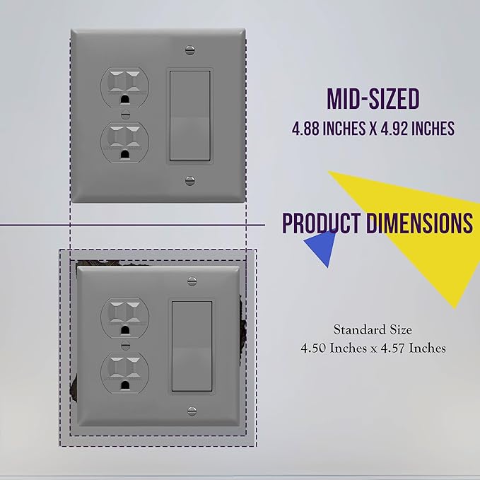 ENERLITES Combination Duplex Receptacle Outlet/Decorator Switch Wall Plate, Mid-Size 2-Gang 4.88" x 4.92", Polycarbonate Thermoplastic, 882131M-GY, Gray