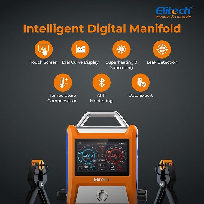 Elitech EMG-20V Intelligent HVAC Digital Manifold Gauge Three Port with Vaccum Sensor Thermometer Clamps Hoses