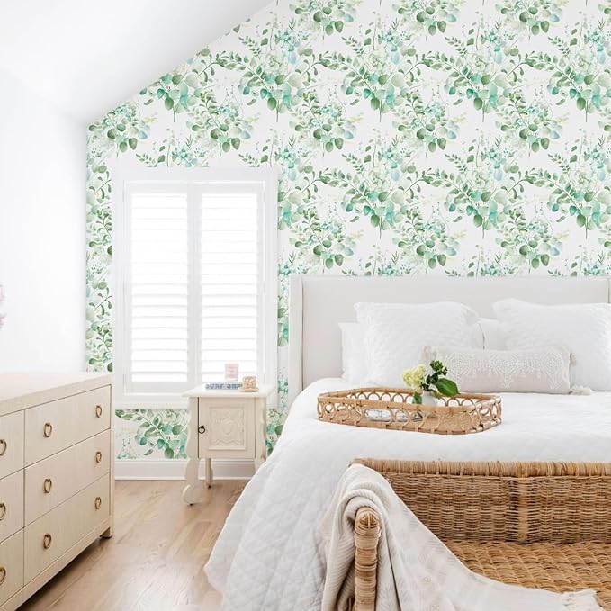 Naphite Green Floral Wallpaper Botanical Leaf Contact Paper 197in17.3in | Nature Eucalyptus Boho Contact Paper for Cabinets,Vinyl Self Adhesive Removable Wallpaper,Bedroom Bathroom Decor, Easy Match