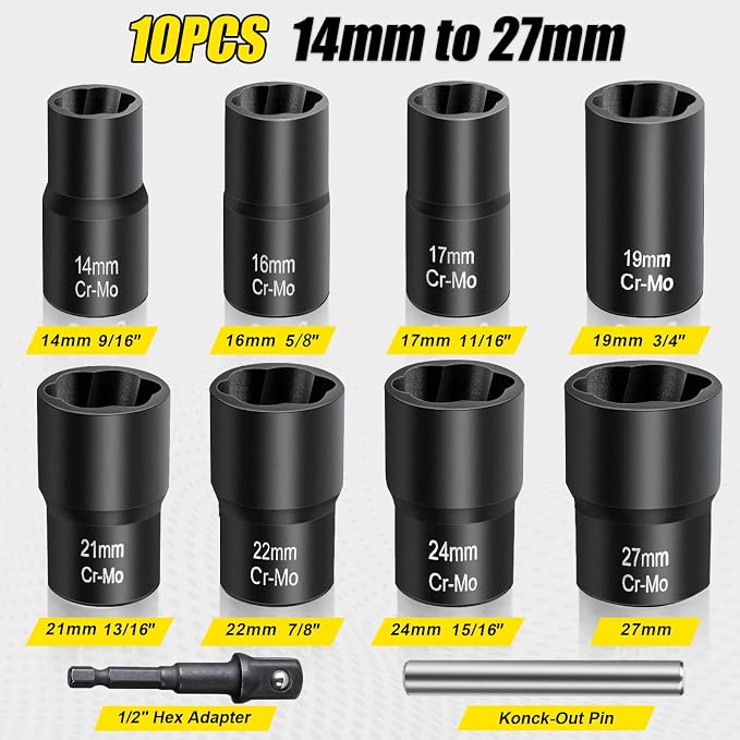 Topec Bolt Extractor Set, 10 Piece Lug Nut Remover Socket Tool, 1/2" Drive Impact Wheel Lock Removal Kit for Removing Damaged, Dead, Rusted, Rounded-Off Bolts, Lug Nuts & Screws