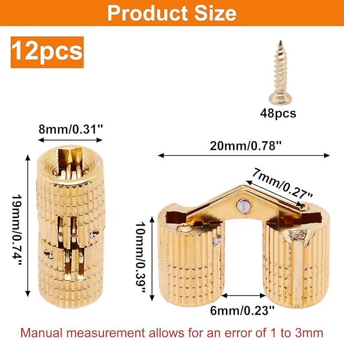 8mm Hidden Brass Barrel Hinges 180 Degree Opening Angle Cabinet Hinges for DIY Jewelry Box Hand Craft 12 Pack