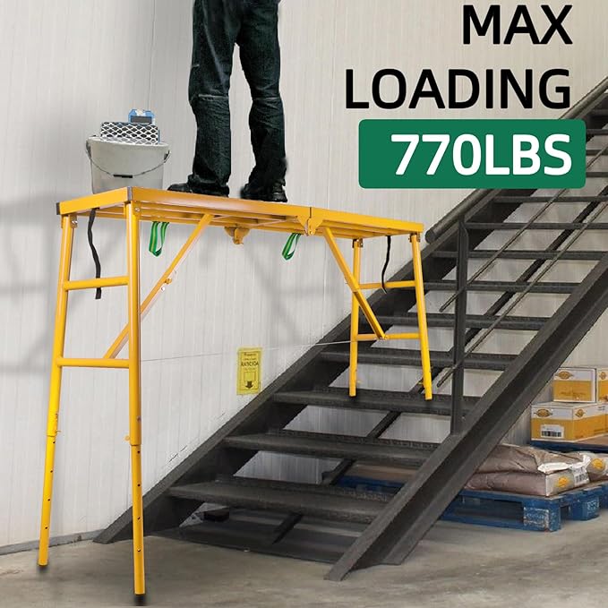 Folding Scaffolding Platform, 71(L) x15.7(W) x51(H)''770 Lbs, Adjustable Steel Industrial Step Ladders, Portable Heavy Duty Work Platform for Construction Sites and Renovations
