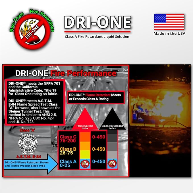Fire Retardant Spray Liquid Solution (Class A for Fabric, Wood, Absorbent Materials & More) Eco-Safe, Non Toxic, C.A.C. Title-19, ASTM E84, DRI-ONE 1 Gallon