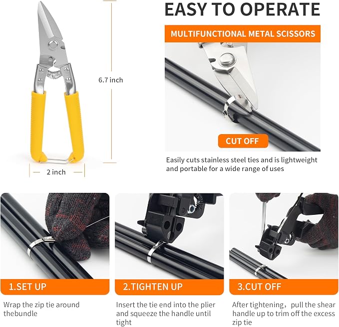 Metal Zip Tie Tool Set，Stainless Steel Cable Tie Gun Kit with 200pcs 12inch Metal Zip Ties heavy duty outdoor(300LBS) and Industrial Cutting Tool,Corrosion Resistant for Fence, Pipe, Industrial Use