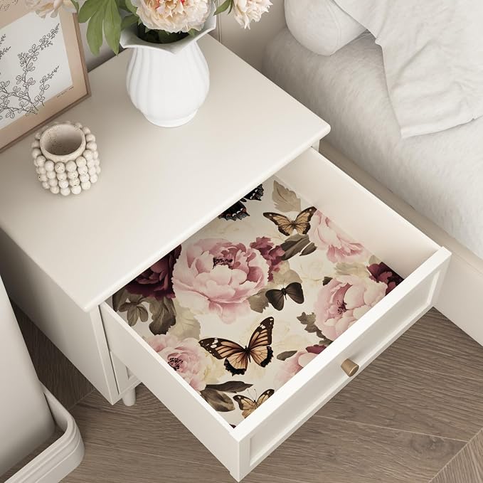 Beige Pink Butterfly Floral Peel and Stick Wallpaper 17.5"x393" | Self Adhesive/Removable/Waterproof/Thick Vinyl Vintage Contact Paper for Bathroom Bedroom Shelf Cabinet Drawer,Prepasted