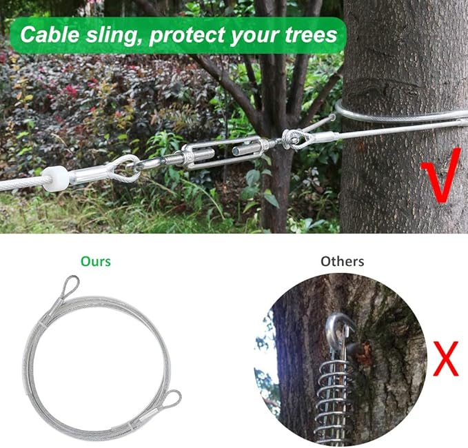 XiaZ Dog Tie Out Cable, 100ft Dog Trolley Runner Cable for Dogs up to 250lbs, Pet Lead for Yard, Camping, Outdoor, with 8 Ft Nylon Bungee Runner, Cable Sling to Protect Trees