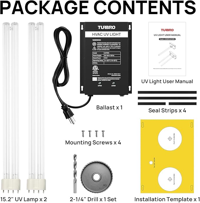 TURBRO 72W UV Sanitizer Lamp with Energy Saving Airflow Sensor, Ozone Free Ultraviolet Light, Air Purifier for HVAC Units and Ducted Systems, Direct Plug-in 120V, UV72PA