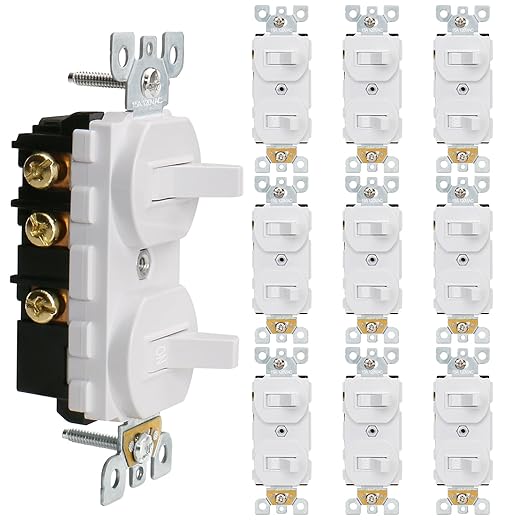 Baomain 10-Pack Double Toggle Light Switch,15 Amp 125V Two Single Pole Residential Grade,On/Off Electrical Wall Switch Self-grounding, Glossy White ETL Certified