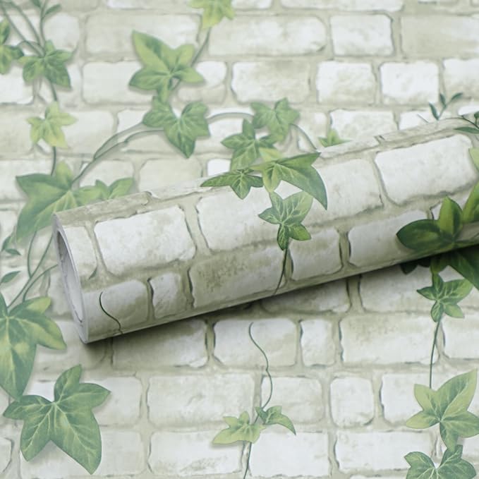 Peel and Stick Wallpaper Brick Wall Paper Green Leaves Brick 3D BrickStone Self Adhesive Removable Contact Paper Textured Vintage Wallpaper Decorative Wall Classroom Covering 23.6"x196"