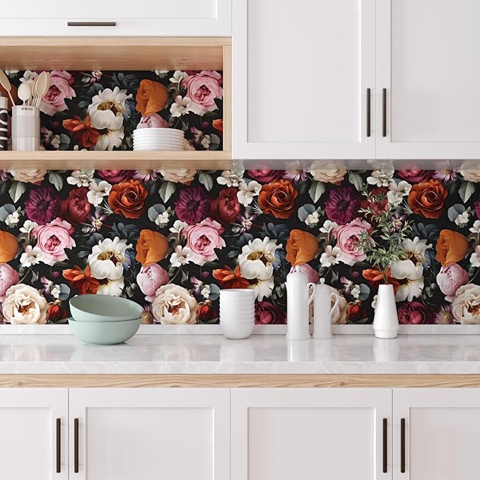 Vintage Black Red Rose Floral Peel and Stick Wallpaper 17.5"x118" | Self Adhesive/Removable/Waterproof/Thick Vinyl Contact Paper for Bathroom Bedroom Shelf Cabinet Drawer,Prepasted,Easy Peel