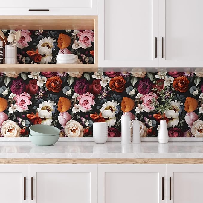 Vintage Black Red Rose Floral Peel and Stick Wallpaper 17.5"x393" | Self Adhesive/Removable/Waterproof/Thick Vinyl Contact Paper for Bathroom Bedroom Shelf Cabinet Drawer,Prepasted,Easy Peel