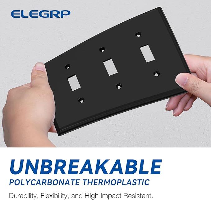 ELEGRP 3-Gang Toggle Switch Wall Plates, Standard Size 4.53" H x 6.39" L Thermoplastic Faceplate Cover for Toggle Dimmer Light Switches, UL Listed (2 Pack, Glossy Black)