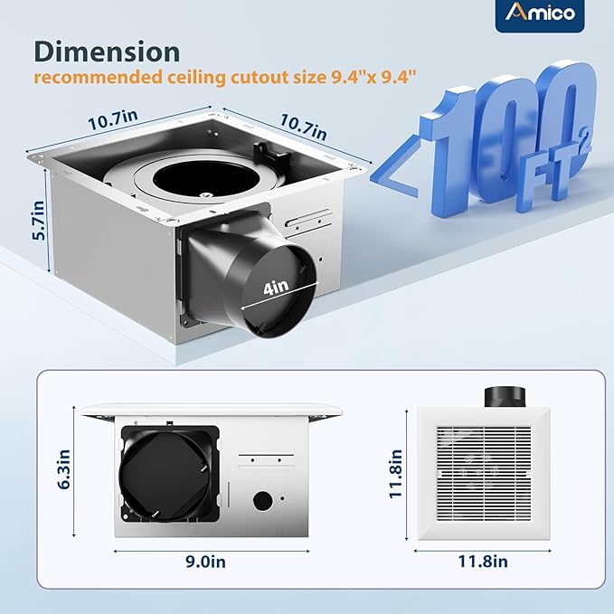 Amico Bathroom Exhaust Fan, 1.0 Sones, 110 CFM, Low Noise, Household Bath Ventilation Fans, Ceiling Mounted, No Attic Access Needed, Ceiling Opening 9.4''x9.4''- ETL & FCC Certified