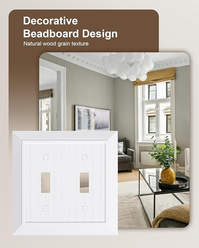 2-Pack Classic Beadboard Double Toggle Light Switch Cover Plate, Unbreakable Polycarbonate Decorative Switch Plate Covers, Pure White 2 Gang Wall Plate