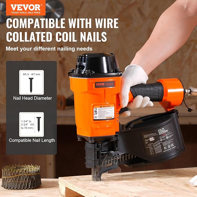 VEVOR Coil Siding Nailer MCN70, 1-3/4" to 2-3/4" 15 Degree Pneumatic Siding Nail Gun, 70-120PSI Air Coil Nailer for Pallet, Crating, Framing, Siding and Fencing