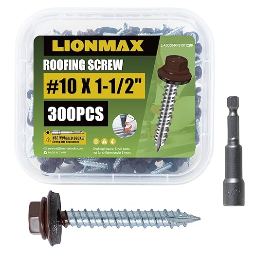 LIONMAX Metal Roofing Screws #10 x 1-1/2 Inch, 300-PCS, Brown Painted Hex Head Sheet Metal Roof Screws, Rubber Washer, Sharp Point, Metal to Wood Siding Screws, Hex Socket Included