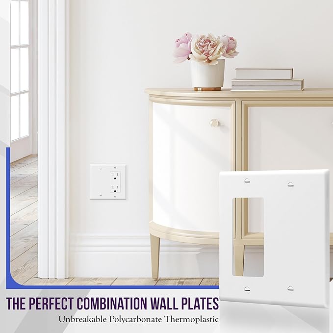 ENERLITES Combination Decorator Rocker/Blank Outlet Wall Plate, Standard Size, 2-Gang 4.50 inch x 4.57 inch Light Switch Cover, Polycarbonate Thermoplastic, UL Listed, 880131-W, White