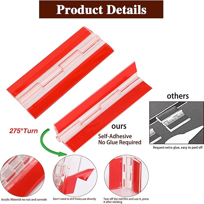 2 Pcs Acrylic Small Plastic Hinges - Continuous Transparent Self-Adhesive Folding Hinge Tools for Cabinet Drawer Furniture Aquarium DIY Crafts Display Stand 100x42 mm