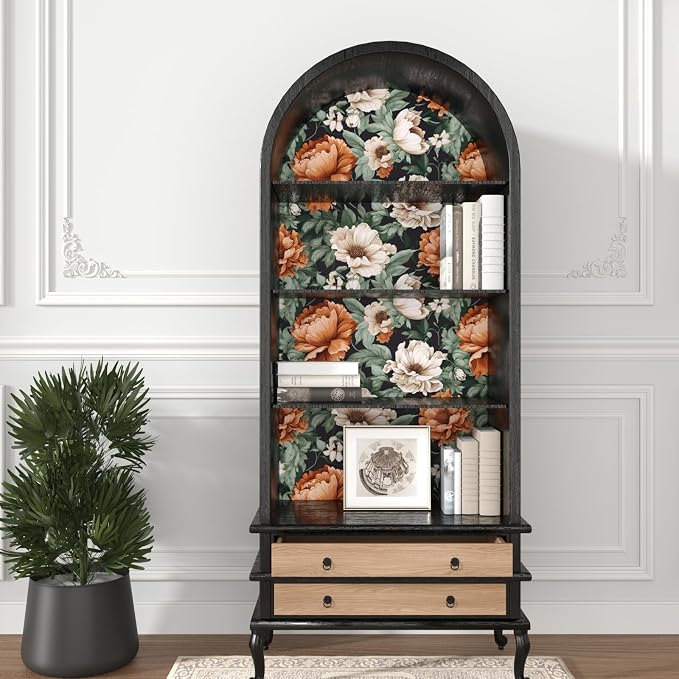 Floral Wallpaper Peel and Stick, Vintage Large Blooming Flowers Contact Paper 17.5" x 393.7", Retro Wall Paper Self Adhesive Removable Waterproof for Room Walls Shelves Cabinet Table (Orange, Green)
