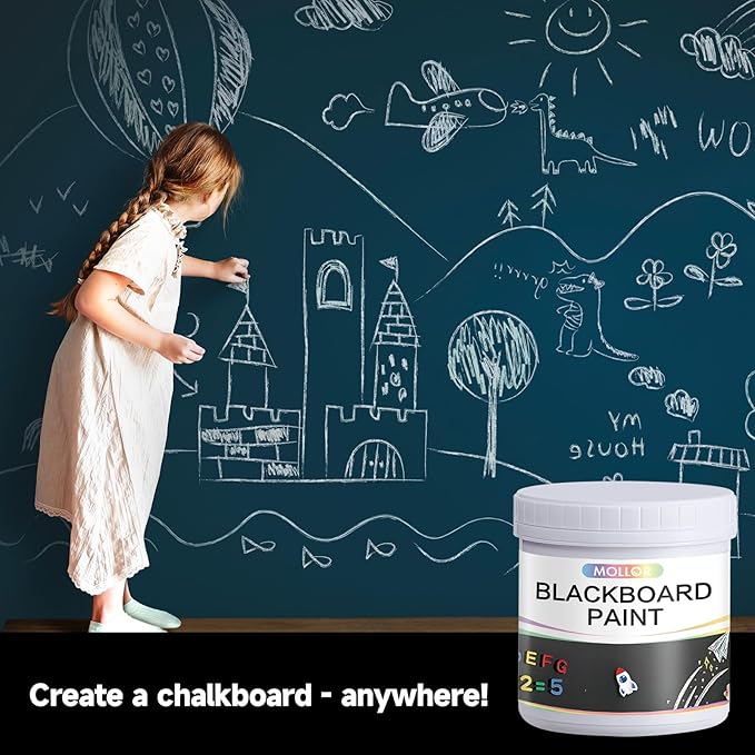 Chalkboard Paint Black Chalk Board Paint for Wall, Wood, Metal, Glass, Plaster Boards Sign, Frame or Any Surface, Use with Chalk Pen Wet Erase, Non-Toxic, Quick-Dry - 500g, 16Oz Cover 65 sf