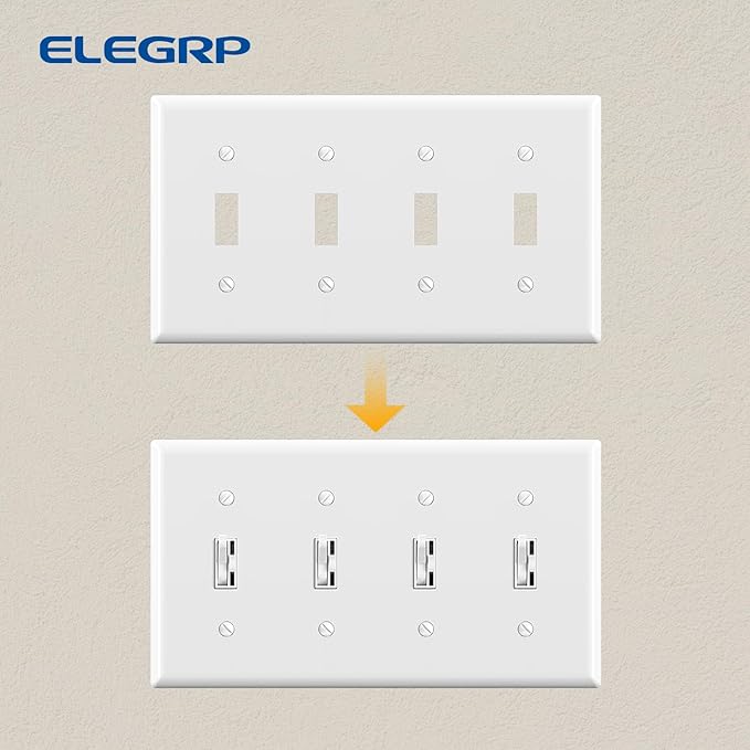 ELEGRP Toggle Light Switch Wall Plate, 4-Gang Standard Size Switch Covers, Unbreakable Polycarbonate Replacement Faceplates Covers, UL Listed, Color-matched Screws Included (1 Pack, Glossy White)