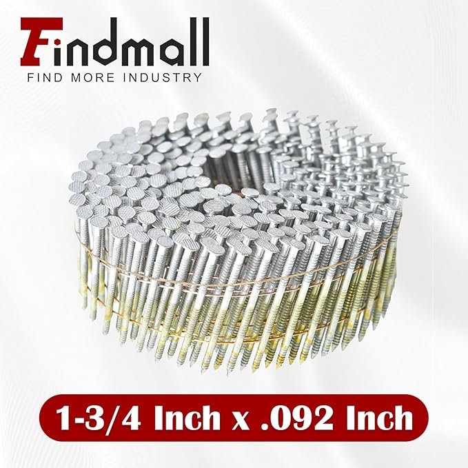findmall 3600 Count Siding Nails 1-3/4 Inch by .092 Inch 15 Degree Ring Shank Hot-Dipped Galvanized Collated Wire Coil