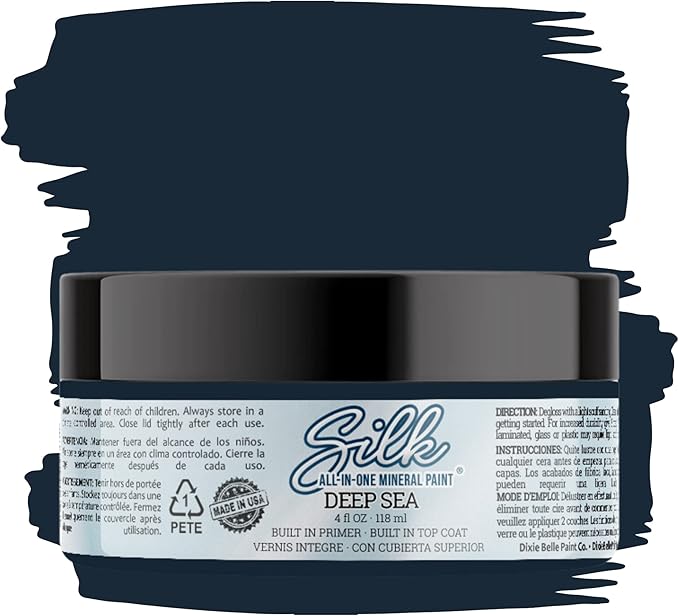 Dixie Belle Silk All-in-One Mineral Paint - Deep Sea (4oz) - Blue Black Water Based Built-In Primer + Topcoat for Wood + Metal - Durable Furniture Paint - Low Reflective Finish