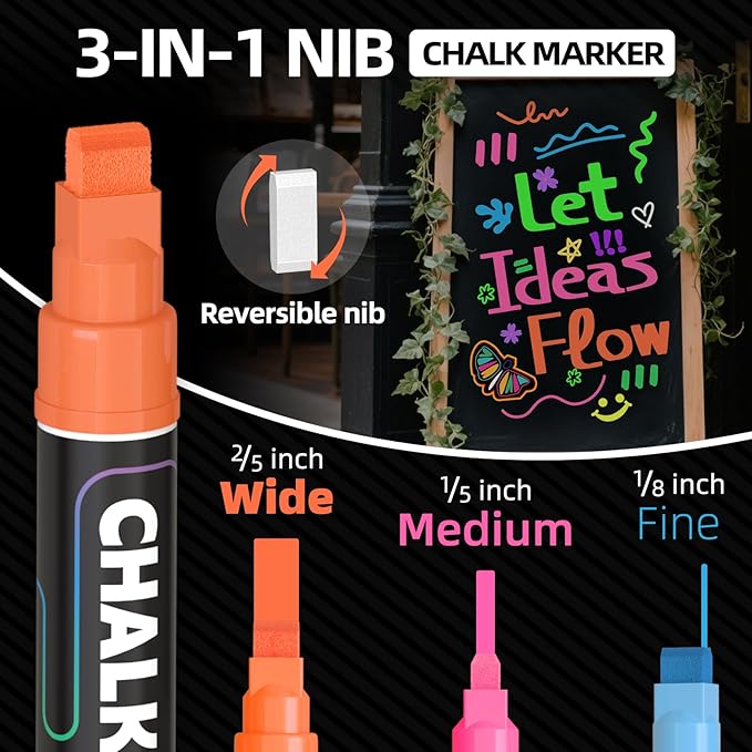 WUO 12 Colors Liquid Chalk Markers, 10mm Jumbo 3-in-1 Nib Window Chalk Markers, Washable Chalkboard Markers for Glass, Windows, Blackboards, Mirrors, Bistro Signage, and DIY Art Crafts