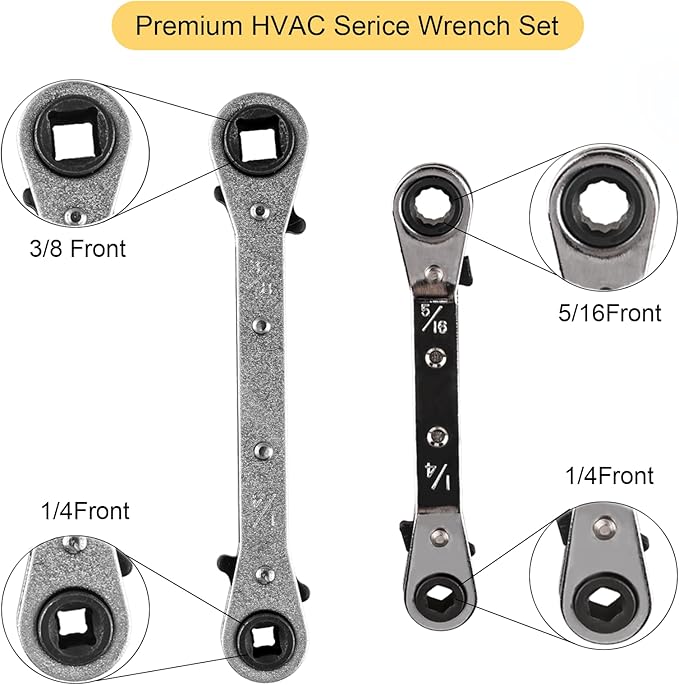 jiouxip Valve Core Remover Installer Tool and HVAC Service Wrench Set with Hex Bit Adapters, Dual Size SAE 1/4 to 5/16 Port, 5/16'', 3/8'' Refrigeration Service Wrench, 10 Valve Core