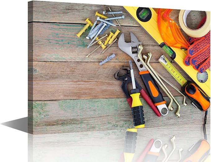 Orange Tool Theme Picture 1 Panels Canvas Wall Art Bedroom Set of Various Construction Tools on a Wooden Background Poster Framed Artwork for Farmhouse Living Room Wall Decor (12" Wx18 H)