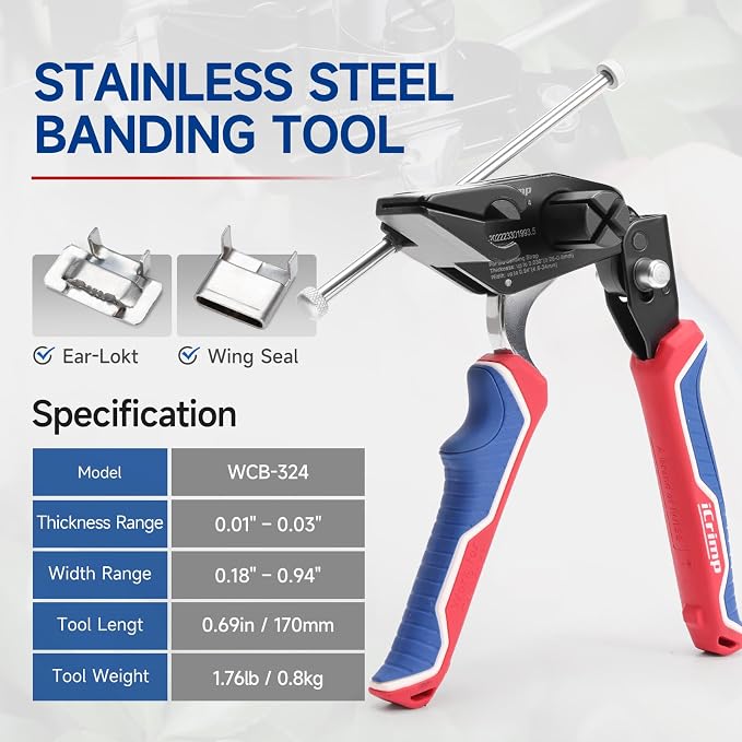 iCrimp Steel Strapping Banding Tool, Metal Tensioner Built-In Cutter | for 0.18" to 0.94" Width Stainless Steel Tie, Suitable for Cable Grips, Automotive Wire Harness, Utility Poles, WCB-324
