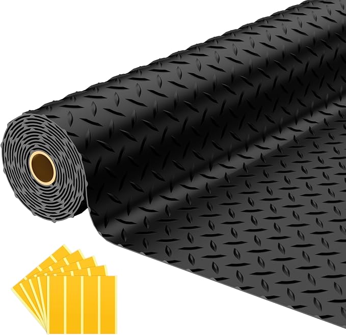 7.5x20 FT Garage Floor Mat, 2.8mm Thickened PVC Flooring Roll for Under Car, 150 SQFT Diamond Plate Black Garage Mats for Garage, Warehouse, Basement, Gyms, Trailer（Included Tapes）